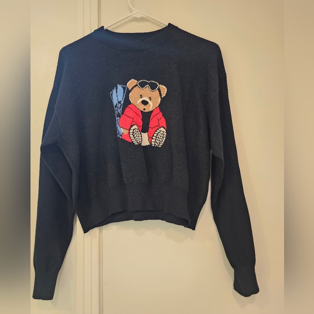 Arden B Black Bear Ski Sweater | Red Jacket Sunglasses Graphic | Size Small